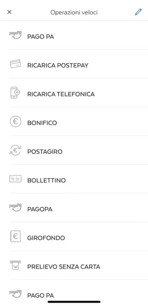 Operazioni disponibili App BancoPosta