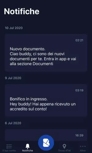 Sezione notifiche app Buddybank