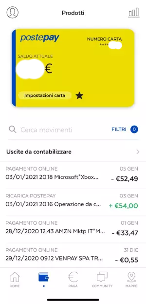 Lista movimenti app Postepay